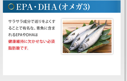 EPA・DHA(オメガ3) - サラサラ成分で巡りをよくすることで有名な、青魚に含まれるEPAやDHAは健康維持に欠かせない必須脂肪酸です。